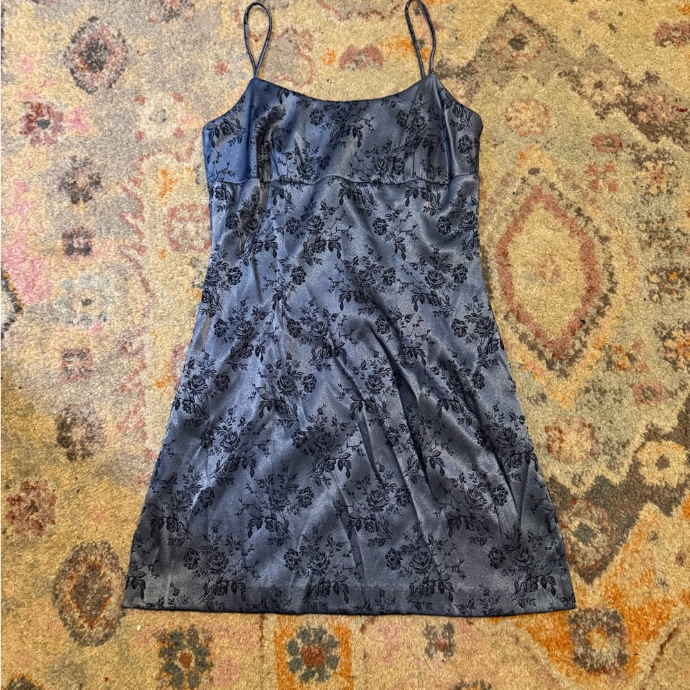 La Belle Vintage Navy Floral Satin Slip Dress